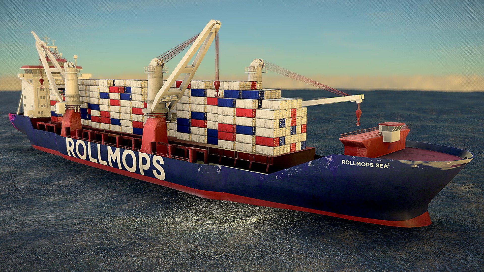 Realtime optimized, low poly Cargo Ship with Rollmops livery (fictive). This asset is available for purchase here: https://skfb.ly/oS7tE - Low Poly Cargo Ship - Rollmops Livery - Buy Royalty Free 3D model by cgamp.com (@cgamp) 3d model