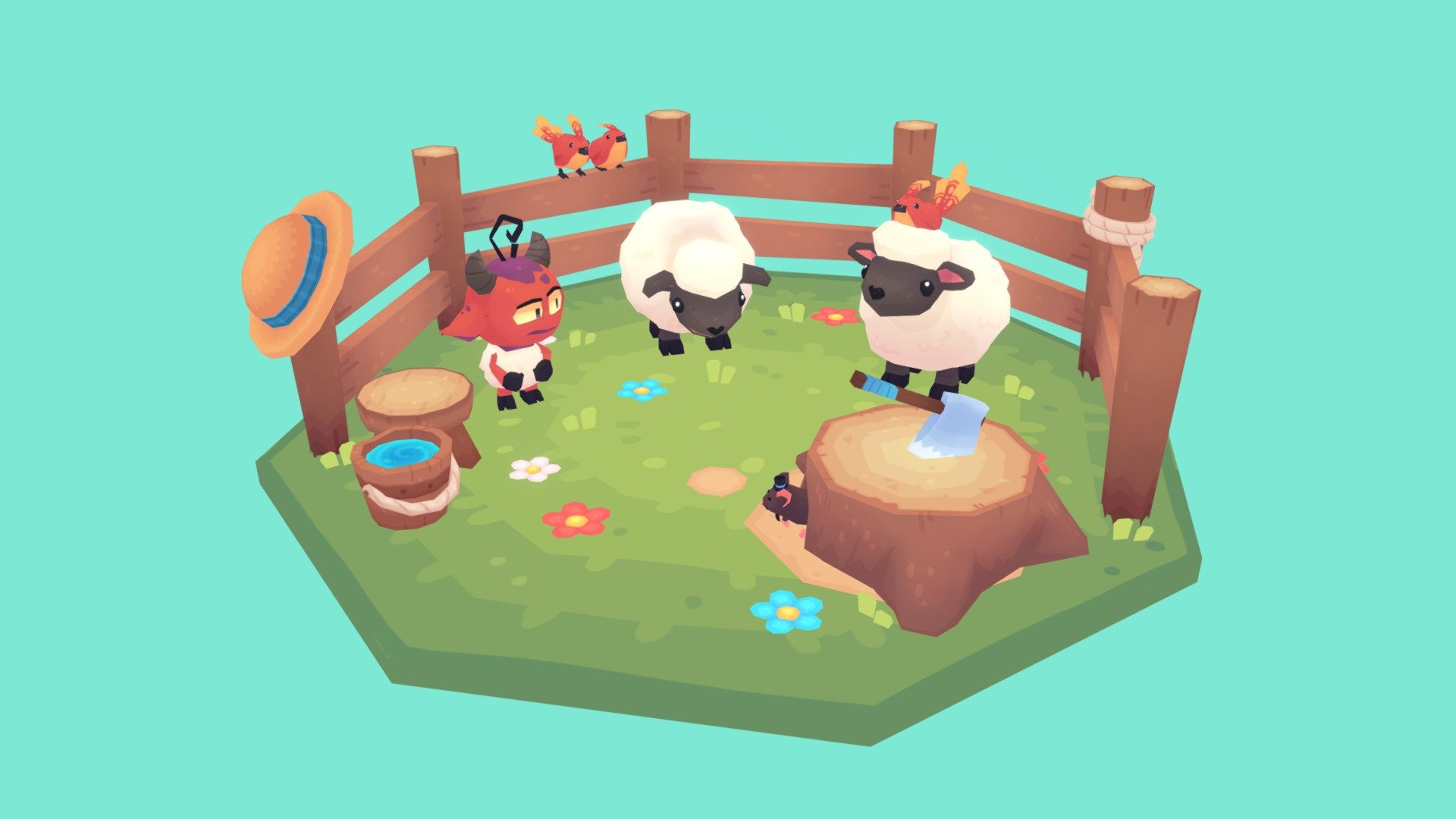 Just a little scene with some sheep, birds and a mouse! Nothing out of the ordinary here - Fellow Sheep - 3D model by Lollitree 3d model