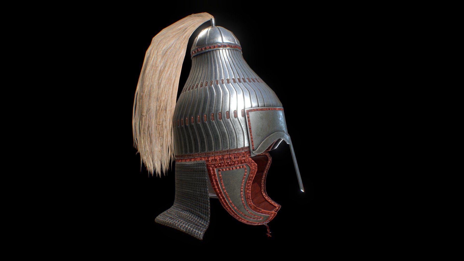 The lamellar helmet (German language: Lamellenhelm, plural Lamellenhelme) was a type of helmet used in Europe during the Early Middle Ages. Examples are characterized by caps made from overlapping lamellar scales, in addition to a brow plate, cheek guards, and camail. They are distinct from the contemporary spangenhelm and crested helmets also found in Europe; unlike those, which are influenced by Roman designs, Lamellenhelme display eastern influence and have primarily been found in southeastern Europe. They are mostly associated with the Avars of Pannonia and the Lombards of Italy.

Source: https://en.wikipedia.org/wiki/Lamellar_helmet
 - Lamellar Helmet - Buy Royalty Free 3D model by Davicolt 3d model