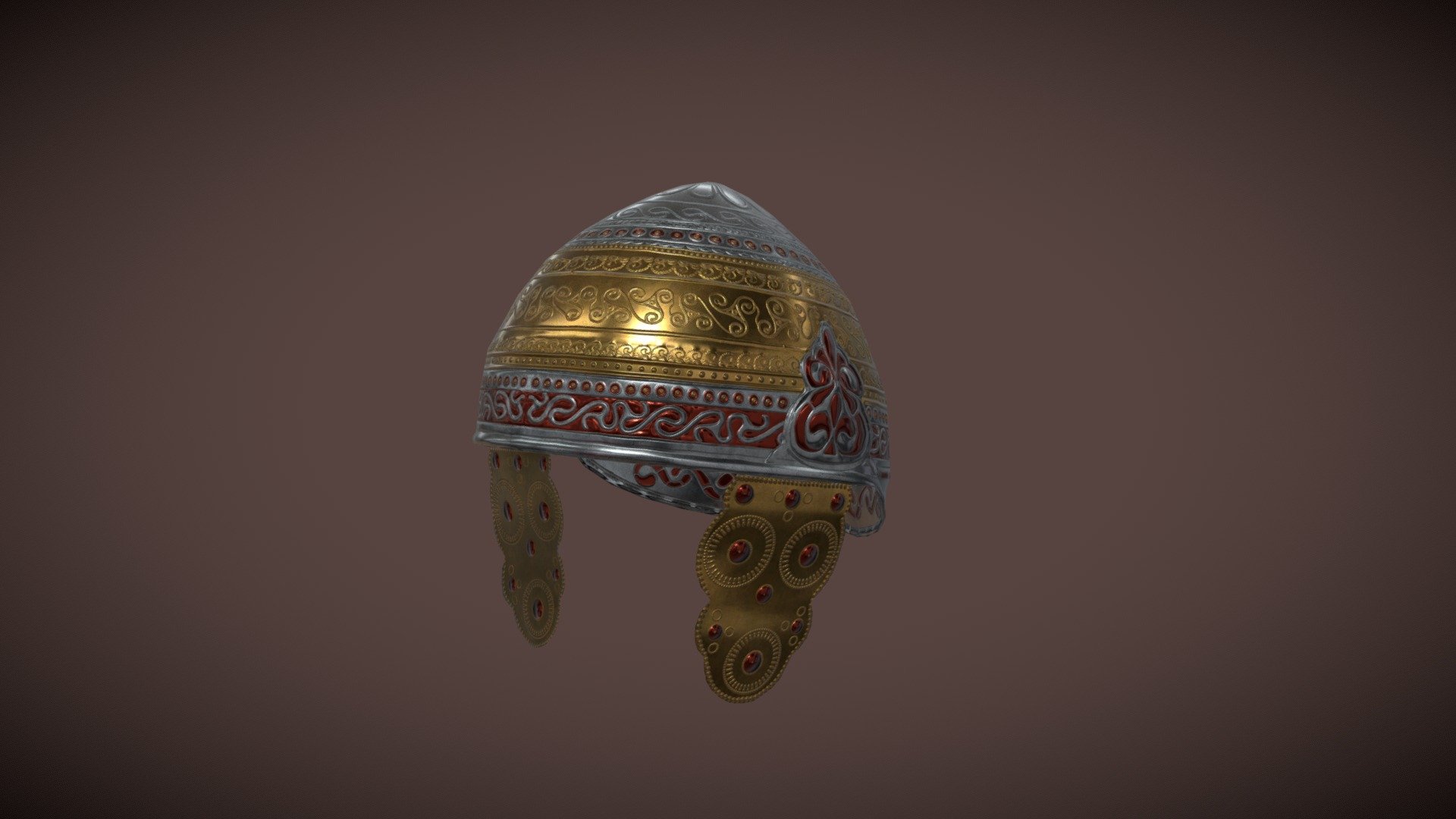 Amfreville (Eure, France), the helmet is made in bronze, covered of metal sheets made out of bronze, iron and gold. Red enamel is also applied to enhance the pattern and give it more colours.

Made for the RIR: Imperium Surrectum mod, for the game Rome Total War Remastered.

Made in Blender - 910 vertices

The creative process consists of modelling the low-poly version, followed by high poly version through the use of the Multi-Res modifier. Any details that the piece might present are sculpted on this copy, after which, they are baked into its low poly counterpart. The goal here is to avoid modelling the additional detail - which would increase the vert count - while still maintaining the illusion that the helmet contains such details 3d model