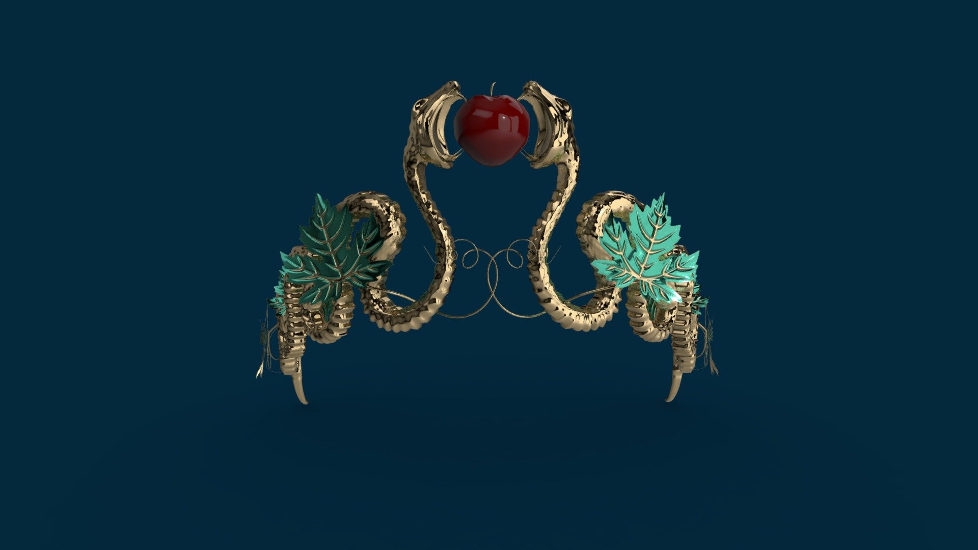 Inspired by the story of Adam and Eve in the garden of Eden I design this tiara. 
Two snakes wind in the vines byting a red apple.
An unreleased tiara sketch by the jewelry house CHAUMET served me as an inspiration for the snakes 3d model