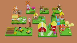 Cartoon Farm Islands / Exteriors cow, pig, warehouse, bee, farmhouse, mill, barn, tractor, farm, windmill, vegetable, agriculture, chiken, cartoon, blender, house, modular, noai