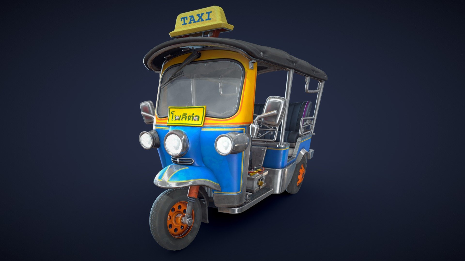 A stylized Tuk Tuk based on the auto-rickshaw taxis often seen in Bangkok, Thailand.
This model is optimized for realtime usage. The steering wheel mechanism is modelled and can be animated.

Model information:




Additional unposed Tuk Tuk model for animation is included

4k and 2k PBR textures for the Tuk Tuk are included.

2K and 1K PBR textures for the glas are included.

Optimized and clean UV mapping.

Compatible with Unreal Engine and Unity

Here is a look at the unposed Tuk Tuk mesh included in this purchase:
 - Stylized Tuk Tuk - Low Poly - Buy Royalty Free 3D model by Lars Korden (@Lark.Art) 3d model