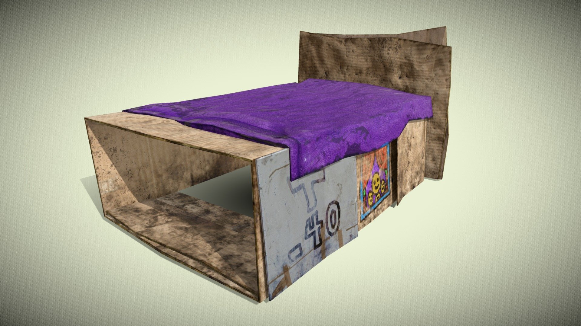 A homeless man's bed made of cardboard with a white wooden board, a blanket over it, and a picture of a window with people. Includes another skin without letters and drawings so you can paint things as you like. Additional download of templates in DAE FBX OBJ 3d model