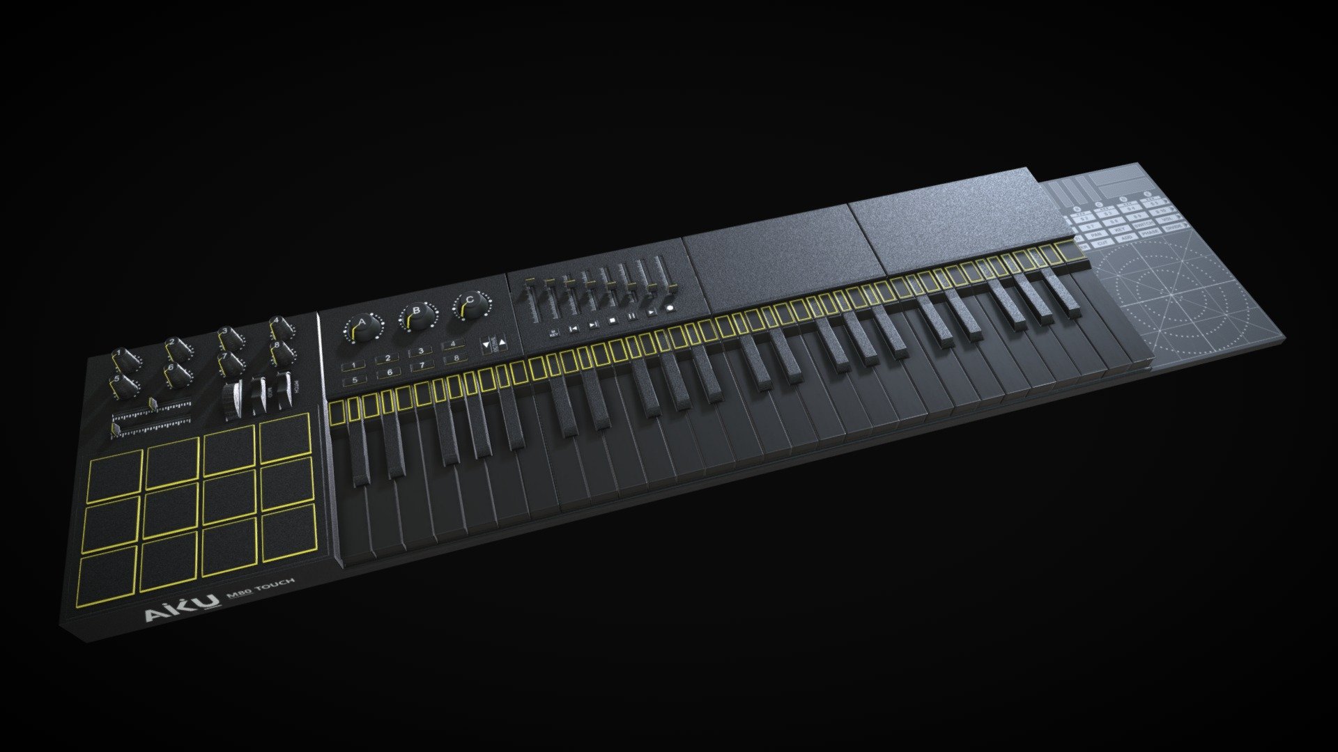 An original LED Midi keyboard design by a fake company called AKU, it has:
* 12 Pads 
* 4 Octive row keys 
* Pitch / Mod / and Volume wheel
* 2 Automated sliders
* 8 Automated knobs
* 3 Corse knobs
*  8 Trigger buttons
*  Octive control
*  EQ sliders
*  Media controls
*  A multi-purpose touchpad
*  Wireless BT or Wired
*  Wired audio inputs and outputs
*  And a stand on the bottom - Aku M80 Touch Midi Keyboard - Buy Royalty Free 3D model by Vilad 3d model