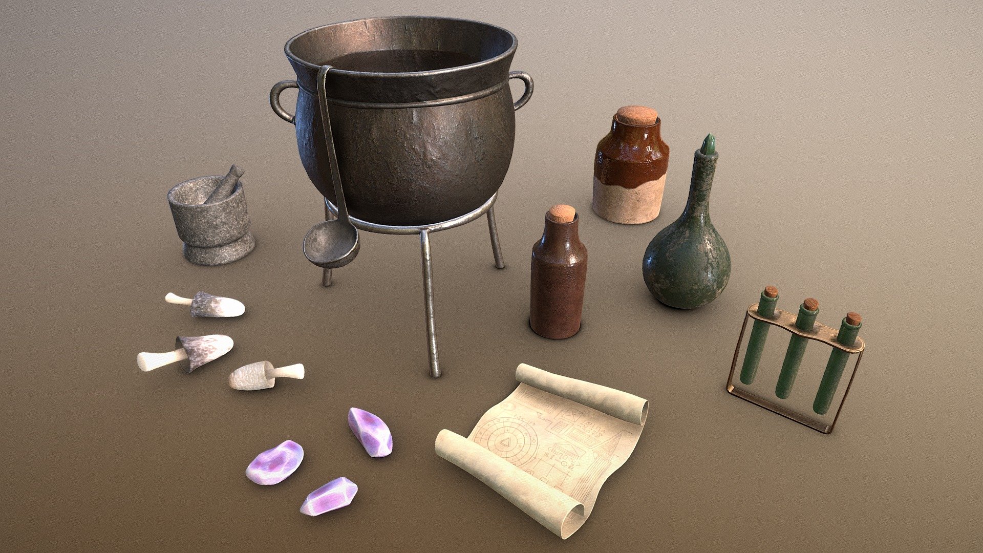 Witch or achemist potion-brewing kit with accessories. 
There are 19 objects sharing 13 texture sets 3d model
