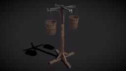 Bucket and Stand drum, bucket, storage, barrel, basket, other, exterior, hanging, viking, medieval, holder, winery, antique, carrier, trade, furniture, tub, props, water, models, cellar, hanger, keg, buckets, houseware, furnishings, various, asset, wood, container
