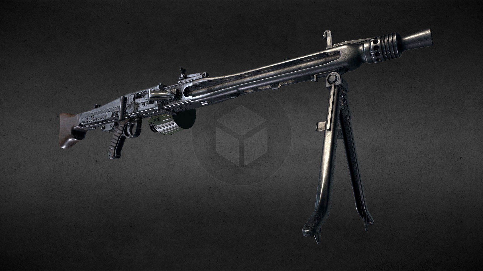 A lowpoly PBR MG42. The model is split into separate parts with proper hierarchy, ready to be rigged and animated. Both Metallic/Roughness and Specular/Glossiness texture sets are provided in 4k for the gun, and 2k for the drum magazine.

Full model and high res textures are in the additional files archive.

Model parts:

Frame,

Barrel,

Cover,

Trigger,

Hammer,

Safety,

Sight,

Sight Muzzle,

Sight Adjustment,

Bipod Base,

Bipod Left,

Bipod Right,

Barrle Change Flap,

Barrle Change Latch,

Dust Cover,

Drum,

Drum Top,

Drum Cover,

Drum Handle,

Drum Lock

Following textures are provided:

Ambient Occlusion,

Base Color,

Diffuse,

Glossiness,

Metallic,

Metallic/Roughness (Unity),

Normal (OpenGL),

Normal (DirectX),

Roughness,

Specular - MG42 - 3D model by soidev 3d model