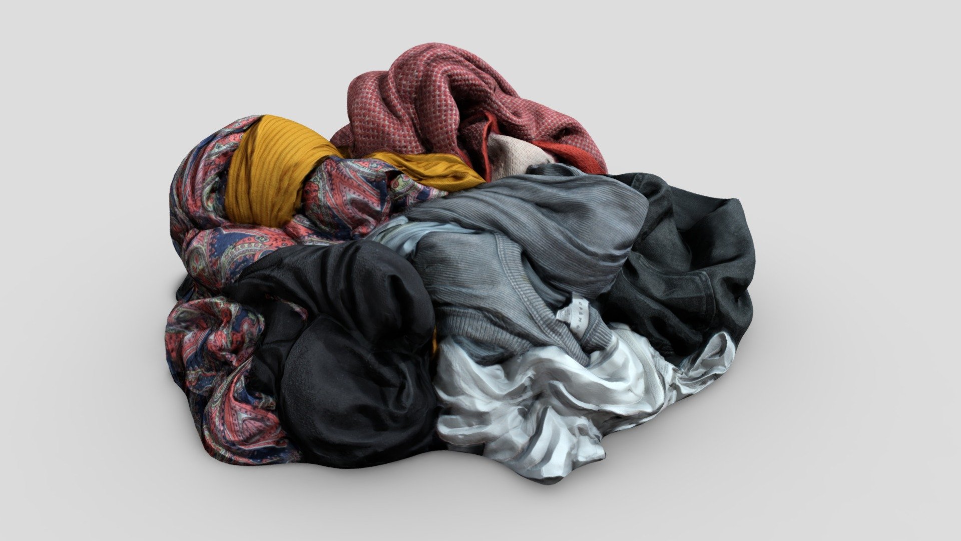 A small pile of clothes on the floor, low poly and game ready.

Fully UV Mapped. Complete with Colour, Ambient Occlusion and Normal Map textures. Colour Textures Included at 2048x2048 as well as 4096x4096 All Other Textures Included at 1024x1024 aas well as 2048x2048 Includes both OBJ and FBX formats as well as MAX 3d model