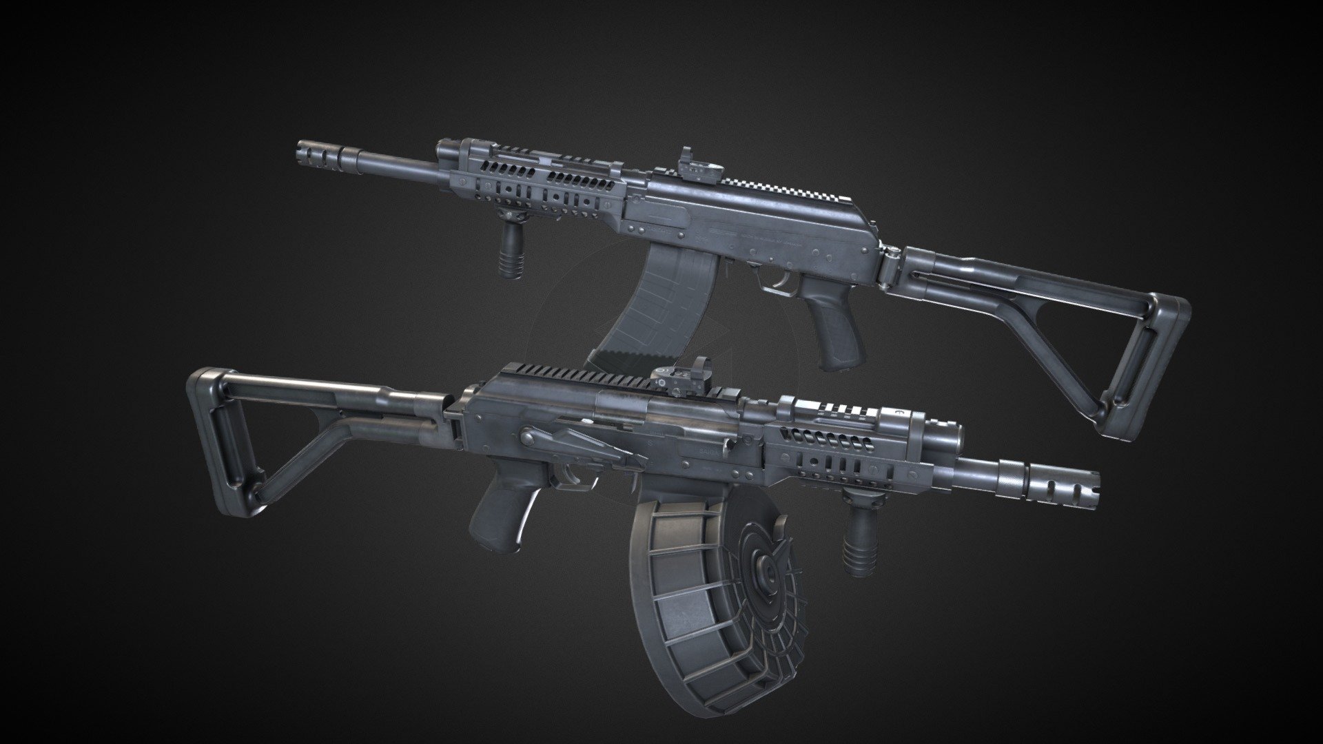 Just a custom Saiga-12 with few additional parts. Nothing fancy, just solid 12 gauge shotgun for close enounters&hellip; or medium if you think your aim is good.  

Model is rigged, but there are also files with all parts separated.

It have 5 main PBR Materials in 4K, plus separate for reddot. Black and FDE colors are included.

Tris: 48K

Verts: 24K  

Made in Blender.  

Note: Model is not made to be 3D printed, do not ask for conversion/scale for it 3d model