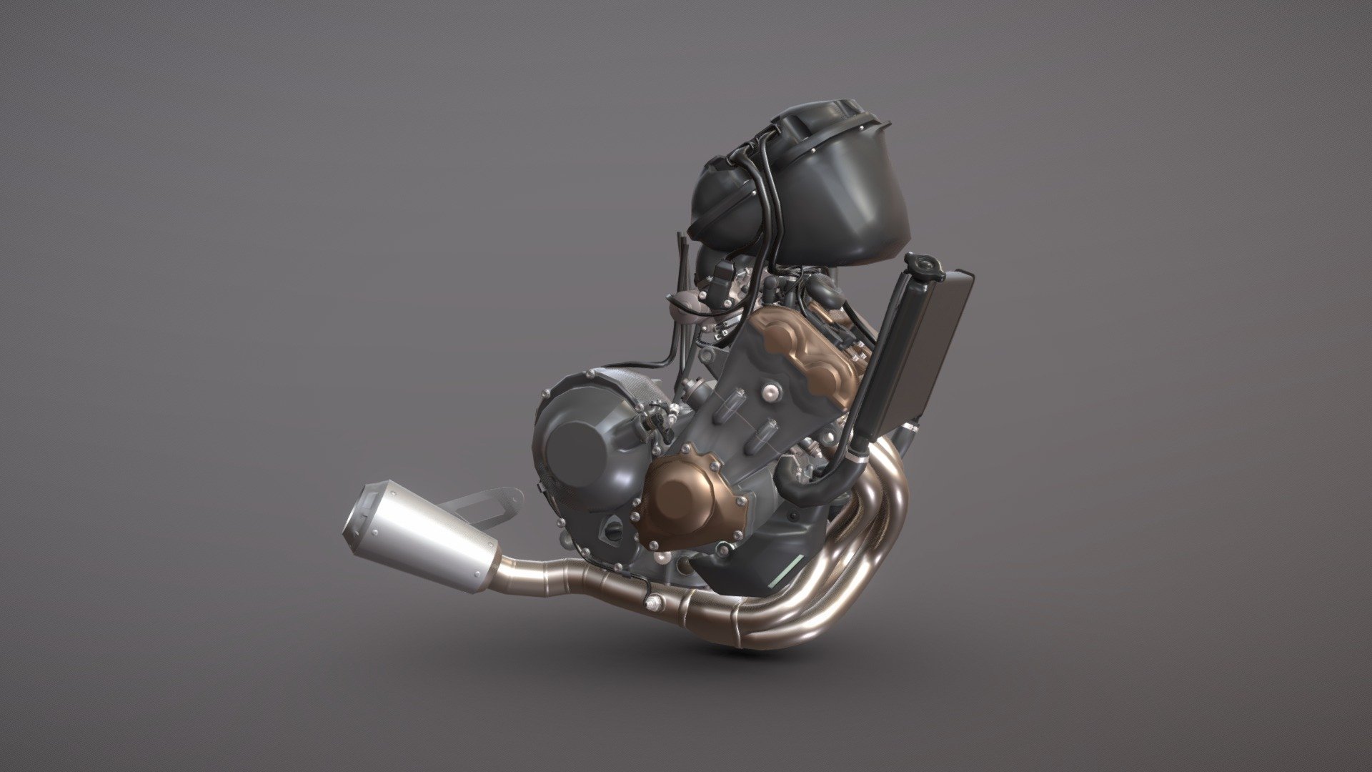 Ready to be subdivided, the engine from my Generic Triple motorcycle. I tried to cut the vent hoses and cables at a spot where it should be pretty easy to integrate into your project.

If you end up using it, please do post back and let us know how! - Three Cylinder Motorcycle Engine - Download Free 3D model by Jamie Hamel-Smith (@jamie3d) 3d model
