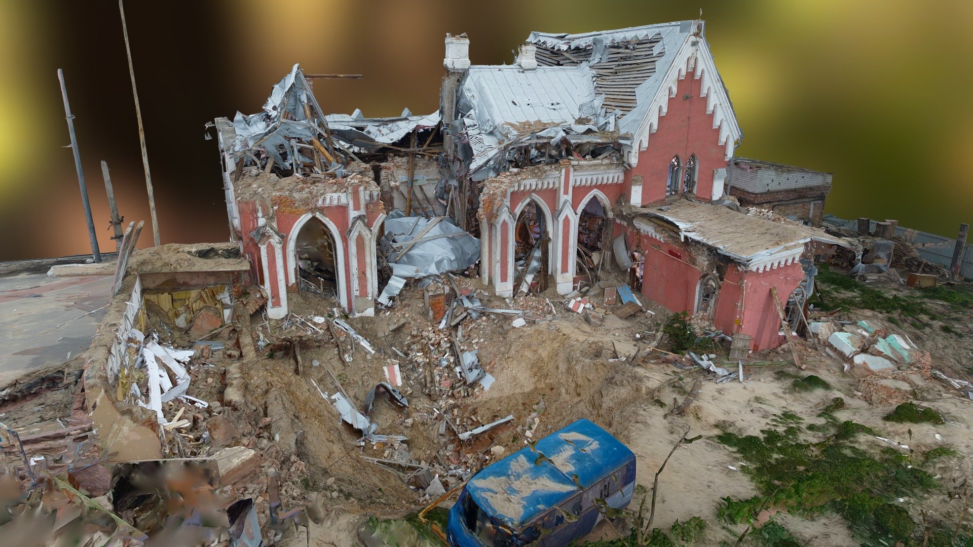 The historic museum, then a library for children was bombed on the early days of March 2022.

Part of the Heritage Emergency Response Initiative (HERI, Ukraine), the action in Ukraine is the team work of volunteers.  War damages were captured  on various sites and building of heritage importance.

Site Coordination Ihor Poshyvailo 🇺🇦
Site Drone flight Sergey Revenko 🇺🇦 @r.sergey01
Site 3D imaging laser Emmanuel Durand 🇫🇷
3D computing and texturing by Miguel Bandera  🇪🇸

3D imager BLK360 from Leica Geosystems part of Hexagon
3D computing (laser+pics) with Capturing Reality - Bombed Chernihiv historic library (Ukraine) - 3D model by Miguel Bandera (@miguelbandera) 3d model