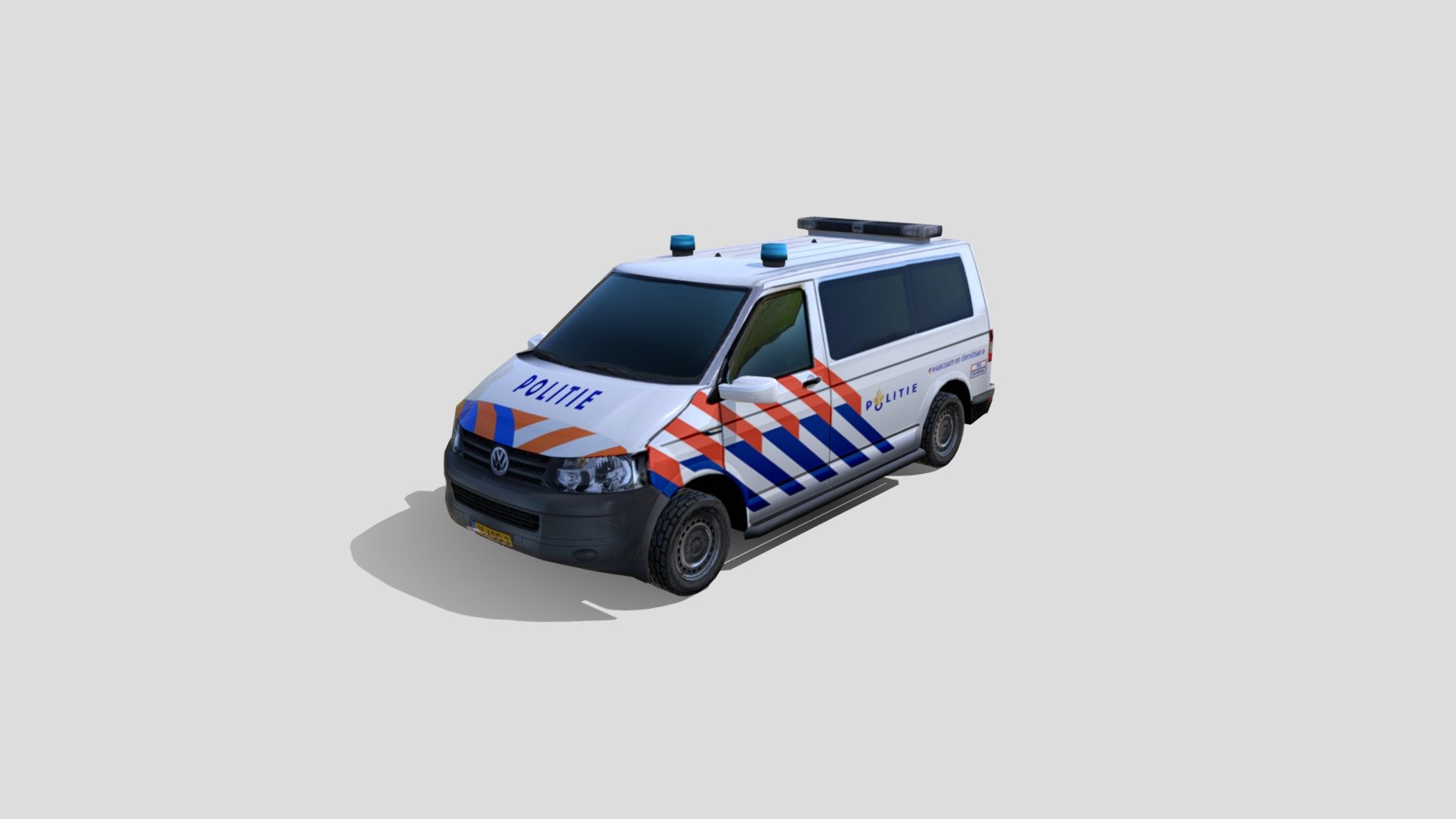 ASG-ISR

VW  Transporter (Dutch Police Livery)
Synthetic Environment Entity for use in Simulation and Training for Intelligence, Surveillance and Reconnaissance (ISR). 
Separate wheels can be controlled in game.

Police Livery (plain white texture also available)
Low poly model
Accuratly modelled off plan and using photo reference
1 LOD
1 UV texture map 1024
no animation
no materials

3492 triangles
http://www.asg-isr.com - VW  Transporter Dutch Police Livery Low Poly - 3D model by ASG-ISR 3d model