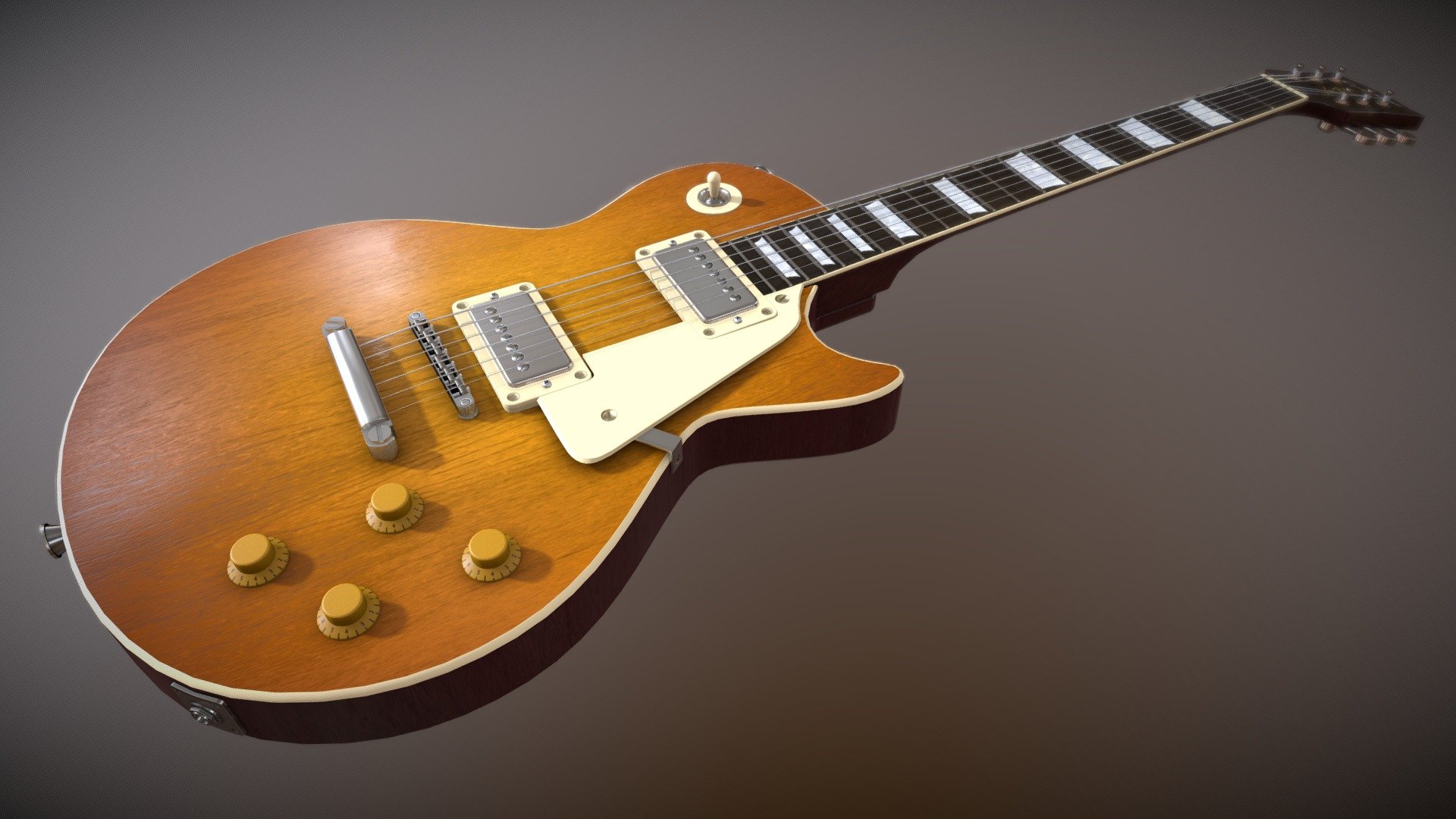The classic Les Paul guitar. 

Fully unwrapped and UVed.
Some UVs may need to be re-arranged if you choose to use them.

Includes zip file that contains:
Blender 2.8 file with basic shader setup.
7 x 4K PNG files ( AO, Diffuse, Normal, Metal, Spec, Roughness &amp; Bump) - Les Paul Guitar - Epiphone - Buy Royalty Free 3D model by Sibience 3d model