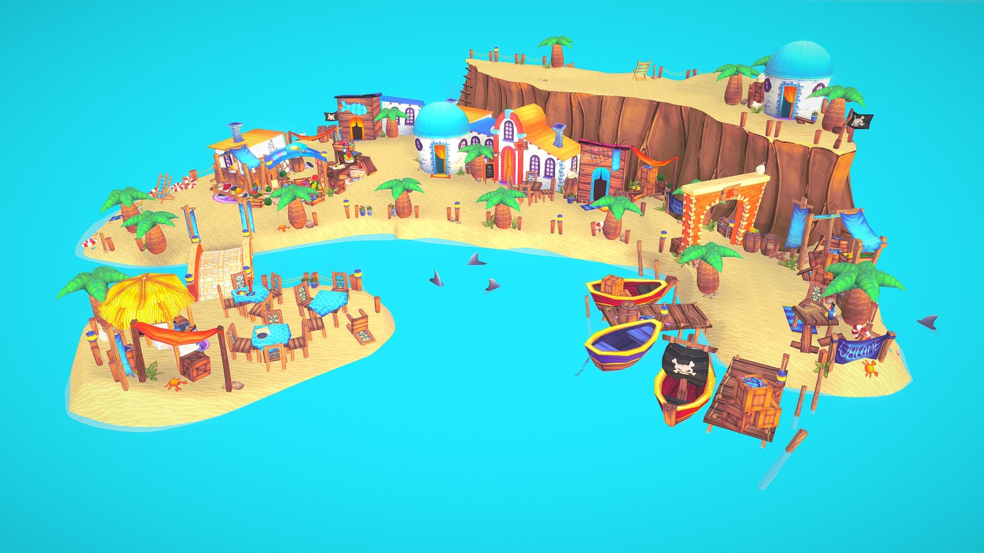 Welcome to Pirates Bay, paradisiac island, to vacacions !
Model exported from Unity Engine, diffuses only (with an alpha sometimes)

I made this old scene for end school's project, I wanted to reproduce some assets from &ldquo;Fantasy Life