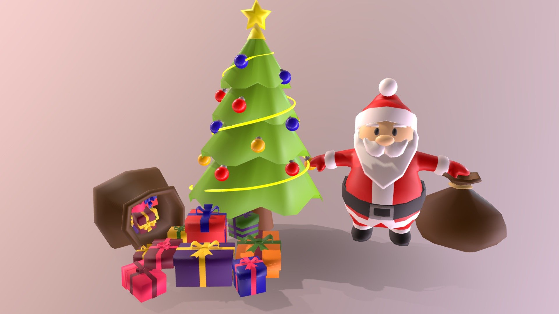 This is a pack of Christmas tree and santa with presents 3D model . This is a low poly model. It is made in Autodesk Maya 2018 and texturized with Arnold materials , iluminated and rendered in Arnold 2018.

This model can be used for any type of work as: low poly or high poly project, videogame, render, video, animation, film…This is perfect to use it as decoration in a Christmas Scene or for a CHristmas postcard image with other christmas decoration that you could see in my profile too…

There are a lot of different type of present: with different colours(red,blue,orange, yellow…), and different sizes and forms. Also, all of them have an interior but there are someones that you could open too if you want. There are around the tree next to Santa and his presents bag.

This contains a .fbx.

I hope you like it, if you have any doubt or any question about it contact me without any problem! I will help you as soon as possible, if you like it I will aprecciate if you could give your personal review! Thanks - Christmas Tree And Santa with Presents - Buy Royalty Free 3D model by Ainaritxu14 3d model
