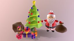 Christmas Tree And Santa with Presents tree, winter, toy, packaging, santa, bow, xmas, deer, bag, christmas, gift, surprise, birthday, star, box, santaclaus, holidays, presents, ribbon, celebration, decoration