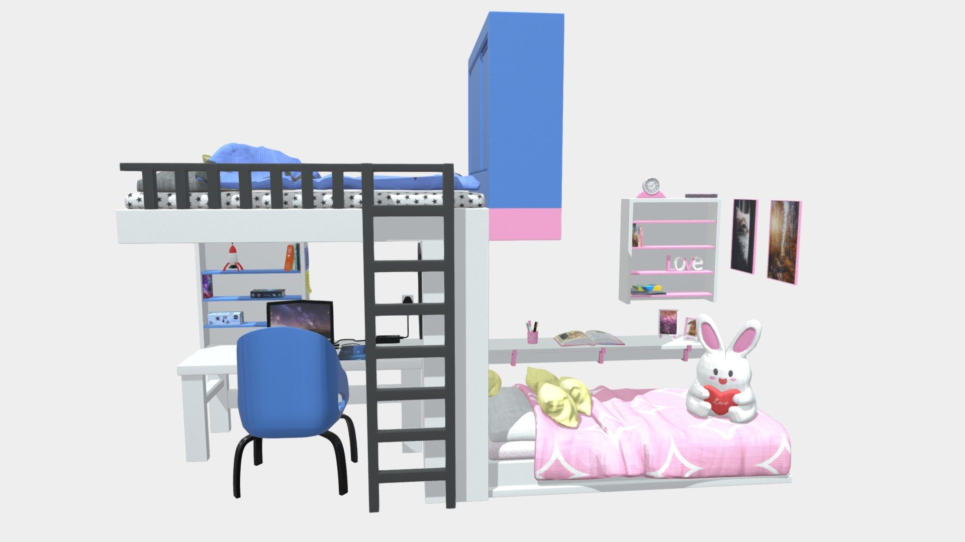 This children bedroom for one boy and one girl. This model was made as a interior for empty room. Also the models can be used separately.

This asset pack contains:

Model of children bedroom which include several interesting models. The texture are divided into nine groups each for specific part of this children room collection. Texture are divided separately for Bunny, computer, desk and chair, boy accessories, boy bed, girl bed, girl shelf clock and desk, girl accessories, wall wardrobe.

Technical information:

The model was made as a low poly with support edges so future smooth of the model is possible without unpleasent deformation.

Textures are in 4096x4096 but boy bed and girl bed is in 2048x2048.

Children bedroom - 65082 tris, 32747 faces, 65307 edges, 32764 verts.

Contact details:

lukas.boban123@gmail.com

https://www.facebook.com/lukas.boban/

Thank you for taking look please consider leave like.

Model will be free till 14/04/2021 3d model