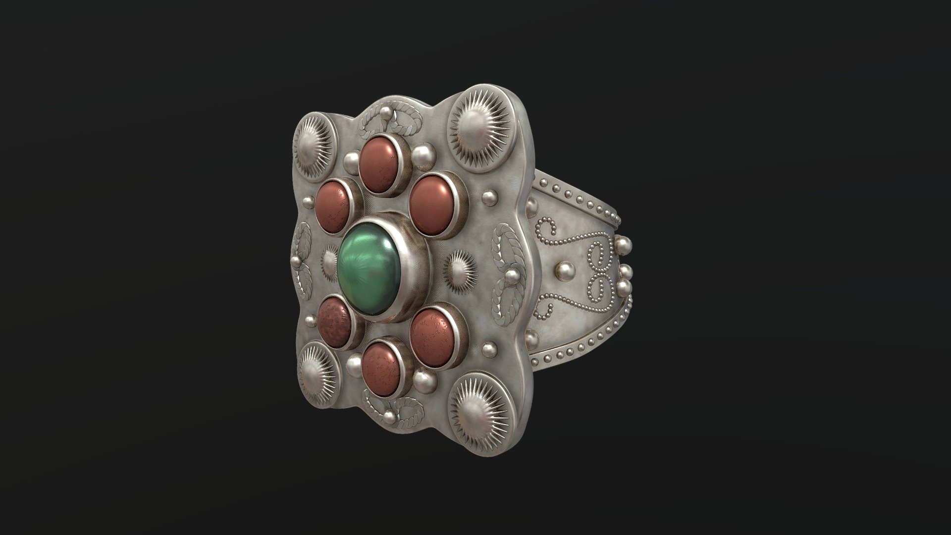 An Ottoman silver, filigree ring with coral and jade

From a private collection - Ottoman Ring - Buy Royalty Free 3D model by BilgeBitig 3d model