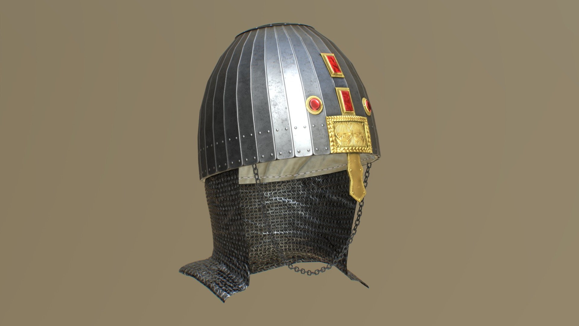 The helmet was found in a burial in barrow N# 13 of the third barrow group south of the village of Kishpek, Kabardino-Balkaria. The design of the helmet and its time frame suggest that it belonged to the Huns.

Source: https://late-roman.ru/arheologicheskiy-katalog/shlemy-i-maski-lamellyarnyy-lamellenhelme-i-analog/shlem-iz-kishpek/ - Kispek - Eastern Helmet - Buy Royalty Free 3D model by Davicolt 3d model