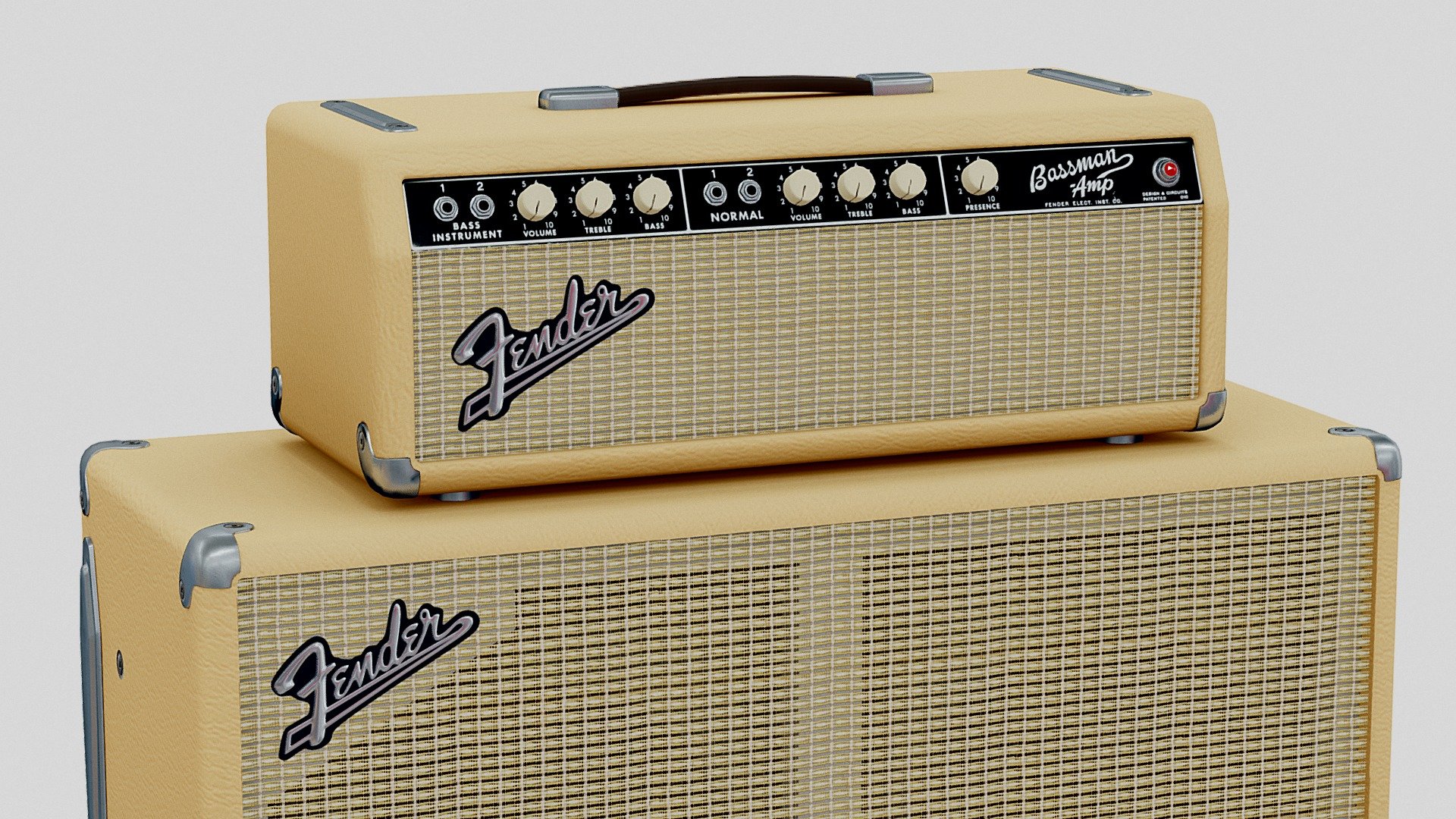 A vintage 1964 blonde Fender Bassman piggyback amp. This is one of the rare transitional models, which features largely brownface circuitry and cosmetics with a black faceplate. This amp also features the desirable 6G6-B circuit, popularized by Brian Setzer. There are a couple of changes, namely the output transformer and speaker. Fortunately the ouput was replaced with an original Schumacher 125A13A, manufactured in late 1962. This transformer would have been pulled from a 1962 or 1963 Blonde Bassman, so it is identical to the original output transformer. The replacement speaker is a 1969 Oxford 12T6, which could have been pulled a pull from a higher-powered &lsquo;69 Fender amp or could have been an OEM replacement for a blown original speaker. All other changes constitute routine mantainance, like new filter capacitors and a grounded power cord for electrical safety 3d model
