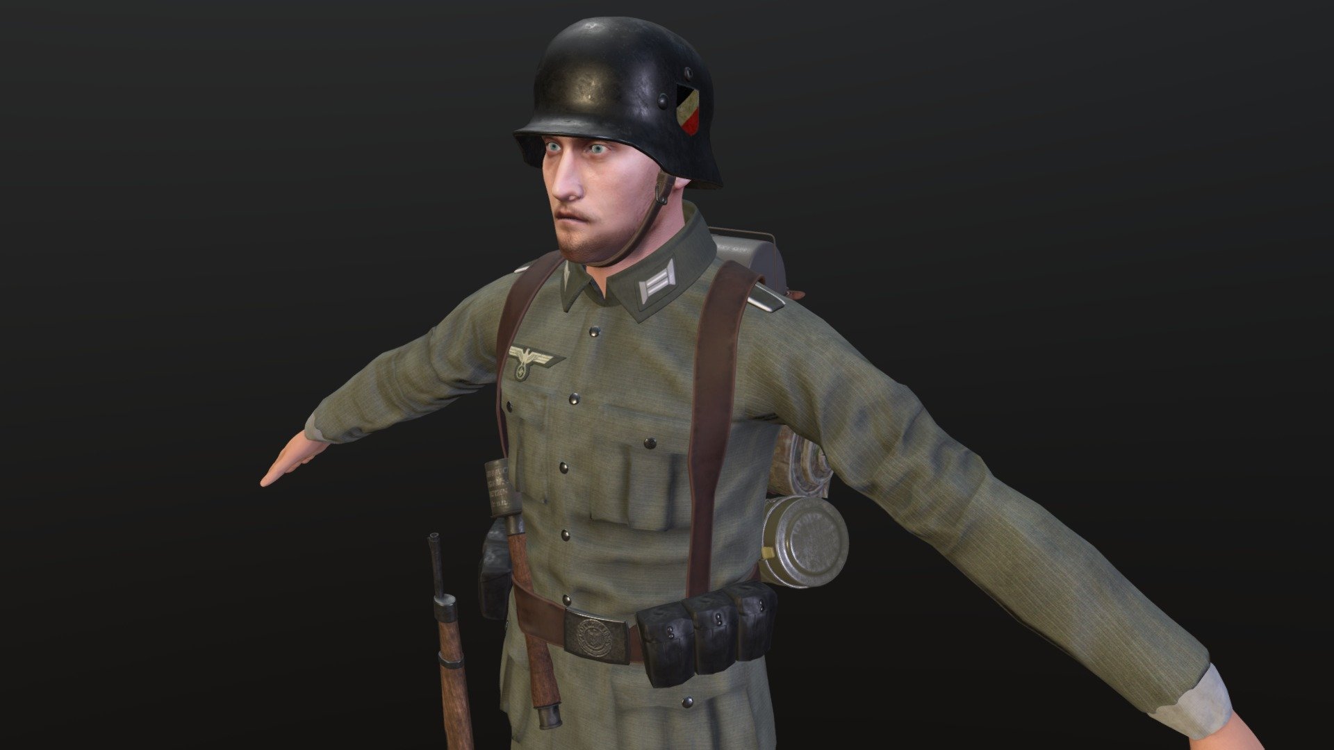 Wehrmacht Infantry Soldier from WW2

I decided to release all my Wehrmacht equipment items as one cheaper pack with the soldier character.

He is equipped with: 

1. Kar98K rifle

2. Y straps

3. helmet

4. mess kit

5. bread bag

6. gas mask

7. sleep mat.

Equipment can be found in my other items.



all listed equpment is attached as separate files for your use

Soldier is mostly low poly and with possibility to reconfigure his loadout or if wanted and exchange parts like head for different one.

It's not rigged

The Soldier has many different textures and maps so it should be possible to tune him into any PBR game engine - Wehrmacht Infantry soldier - Buy Royalty Free 3D model by mahrcheen 3d model