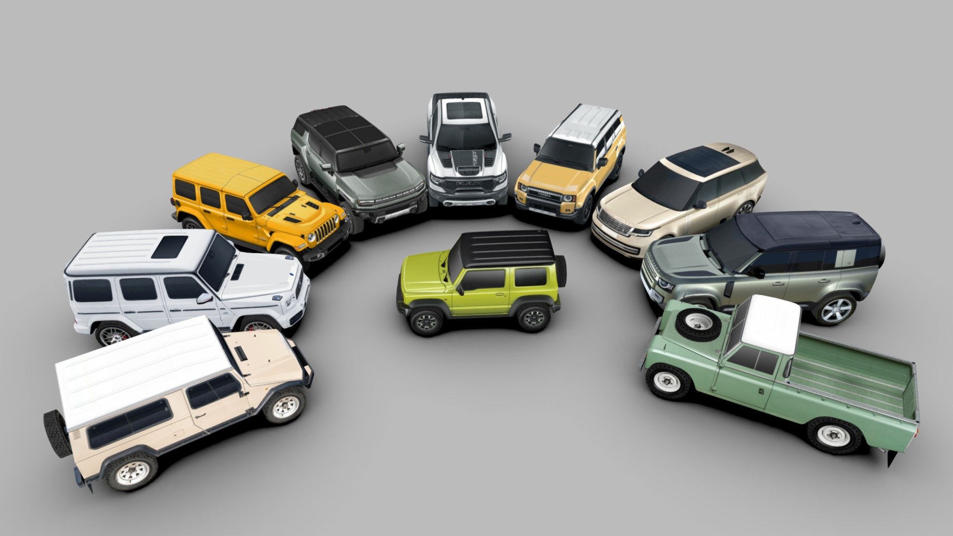 1971 Land Rover Series III;

1990 UMM Alter II;

2019 Mercedes-Benz G63 AMG;

2019 Suzuki Jimny;
-2020 Land Rover Defender 110;

2021 Jeep Wrangler 4xe;

2021 RAM 1500 TRX;

2022 Land Rover Range Rover;

2024 GMC Hummer EV SUV;

2025 Toyota Land Cruiser;

All models are polygonal meshes under 4K triangles (except old Land Rover 5.7K).

The modulation has been simplified in order to reduce the file weight, but it guarantees the essential forms of the real models without being too faceted. Therefore is possible to use it in larger environments, such as parking lots or urban spaces, but also in projects that require more detail.

Low-poly models, on full-scale, with real photos textures (single 2048 x 2048 png texture each one), very light and fast to render.

Package includes 5 file formats and texture (3ds, fbx, dae, obj and skp)

Hope you enjoy it.

José Bronze - 10 Off-Road cars Pack 1 - Buy Royalty Free 3D model by Jose Bronze (@pinceladas3d) 3d model