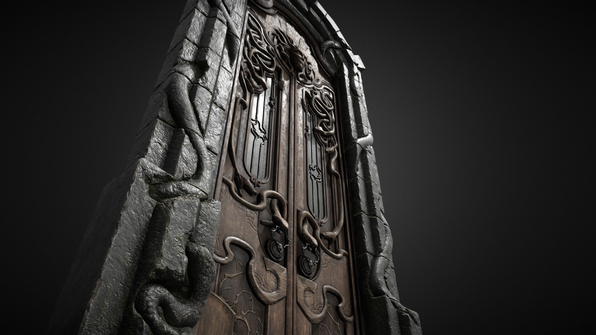 Door design from reference. which I was doing in my free time. model is a bit heavy but for the purposes of the game, it would be possible to optimize it. model on 3 materials, designed so that you could get many variants of the mesh.

workflow
-Blender
-Zbrush
-Substance Painter 

refs. https://www.artstation.com/artwork/zAAa5D - Snake door - 3D model by Eques_inferno 3d model