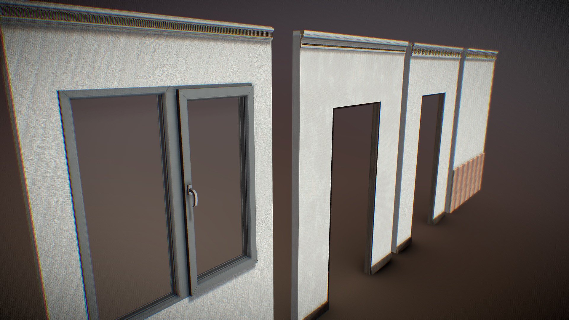 High Quality and detailed Modular Wall Building Pack.

Models shown are for display purposes.
The meshes are seperated in the download

Includes 4 Different designs
All 4 with 3 building Sets - Doorway, Window,Straight Walls
UVs Included.
Import into UE4/Unity with &ldquo;Merge mesh
