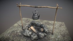 Camping Fireplace low-poly game ready fireplace, forest, pot, camping, coffee, lid, hook, ground, dirt, pan, vr, ar, scout, fire, coffeepot, coffeepan, game, pbr, lowpoly, gameart, stone, rock