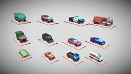12 unique low_poly_cars police, wheel, truck, cars, other, ambulance, van, trailer, standard, road, bus, taxi, fire, isometric, cartoon, game, vehicle, low, car, city