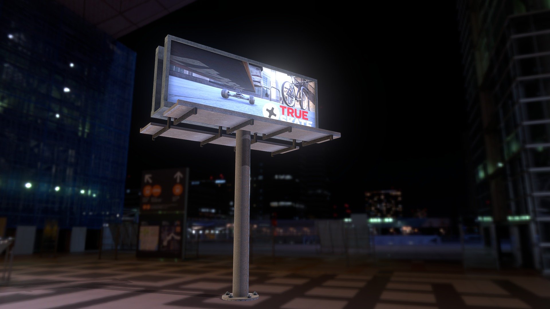 This billboard was made in Blender. 
It's low-poly and game-ready.
Should fit great in whatever city scene you are working on.
I recomment turning on emmision on the advertisement materials.
Use however you want and feel free to comment below if you make anything cool 3d model