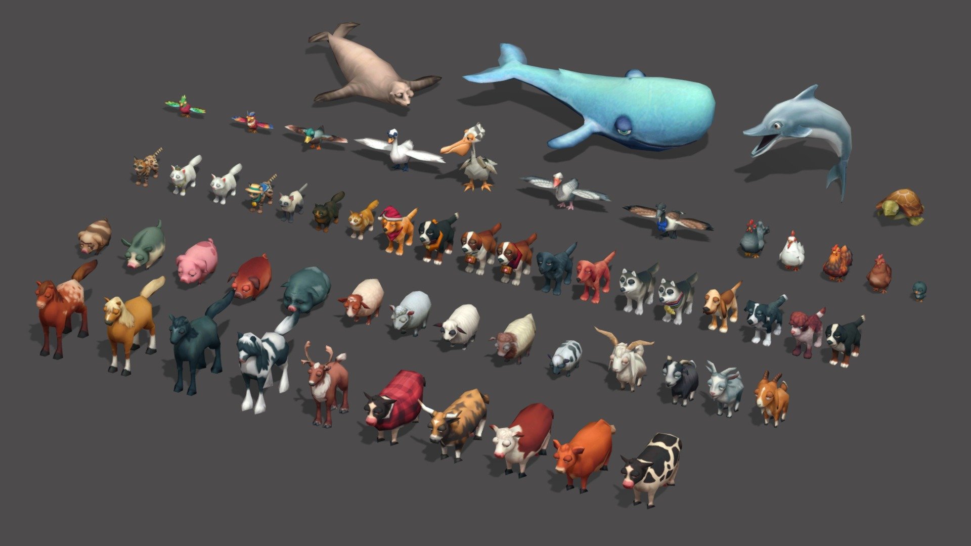 Lowpoy Animal Pack

cow

horse

dog

cat

pig

goat

duck

parrot 

turtle 

dolphin 

chicken 

sea lion

dear

sheep
 - Lowpoly Animal Pack - 3D model by Usman Ahmed GIll (@usman.ahmed.gill.93) 3d model