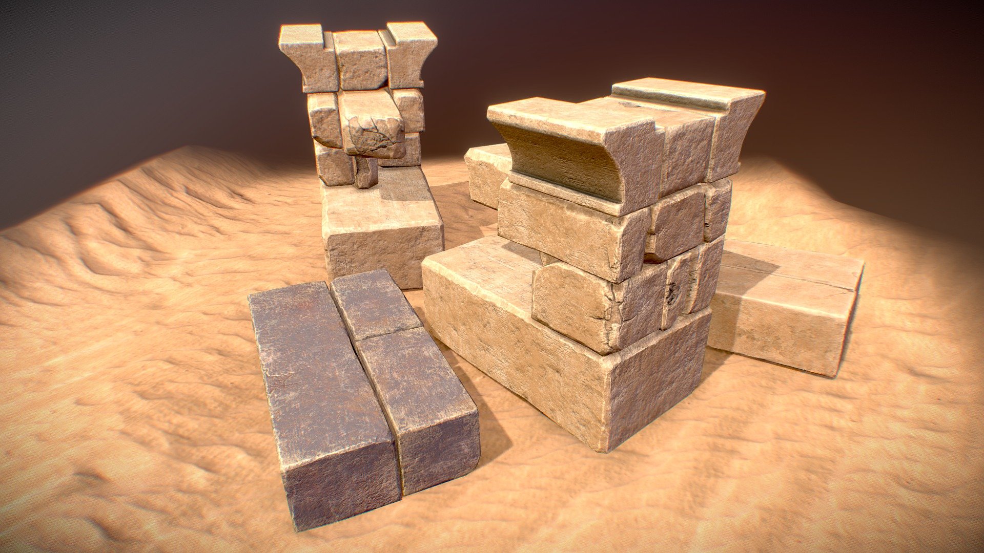 Some modular pieces that I made for a large desert environment in Unreal.

Textures are in 2K/4K and using the .png format.

The additonal file includes the ZBrush projects containing the high and low poly models.

For more about this project: ArtStation - Ancient Sandstone Bricks - Buy Royalty Free 3D model by Emiel (@Emiel97) 3d model
