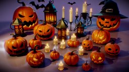 Halloween Pumpkin Decorations lantern, hat, bat, creepy, jack-o-lantern, candle, candlestick, decorations, candleholder, lanterns, witchhat, lowpoly, witch, halloween, pumpkin, spooky, interior, portch