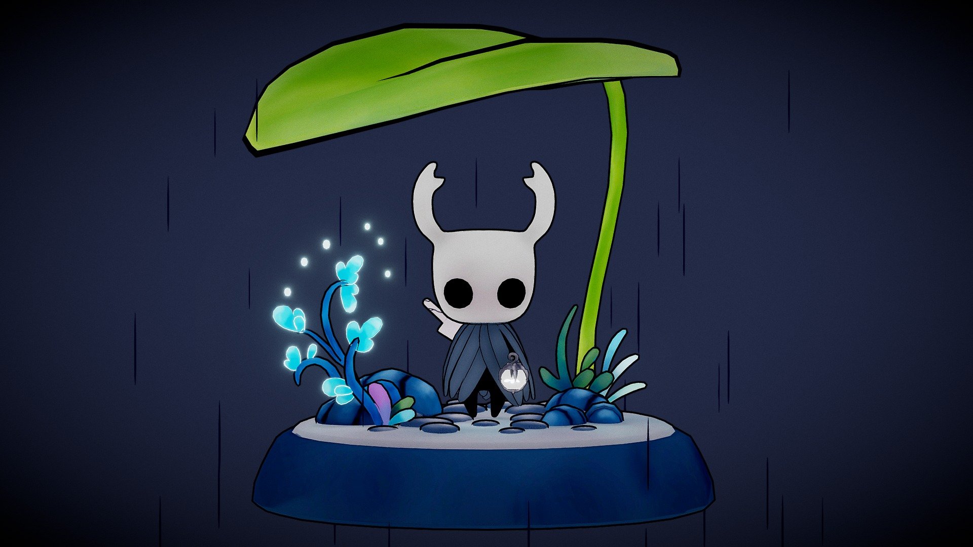 3D model of the Knight - little ghost from game Hollow Knight made in Blender 2.8. The model has a rig and Idle animation. Textures are handpainted and the model is cellshaded 3d model