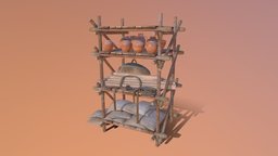 Old Roman Shelf shelf, pottery, sack, dust, planks, rope, clay, substancepainter, substance, texture, pbr, wood, material