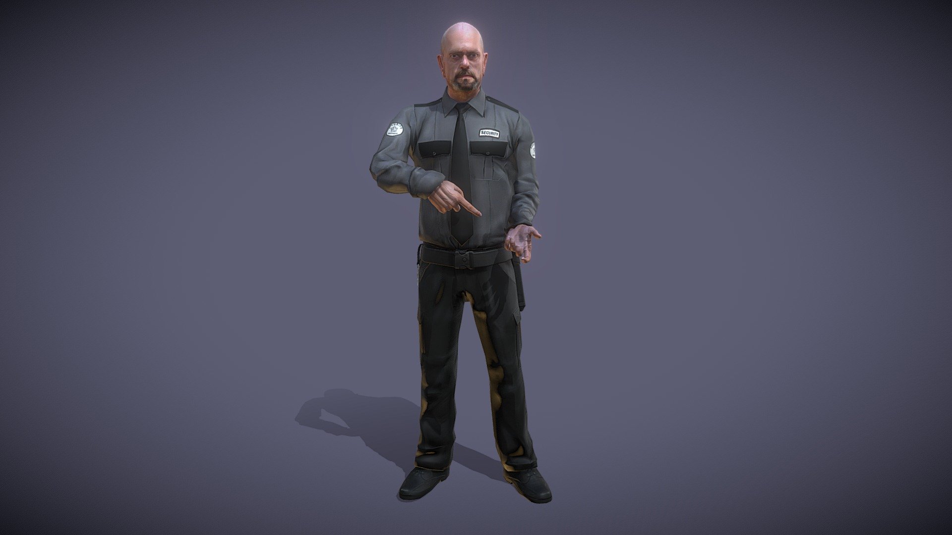 Generic security guard (with and without hat).


1 mesh.
Geometry: 13261 triangles, 8443 vertices (+480 triangles with hat).
Three PBR high resolution materials (2K).
Channels: diffuse, normal, metallic.
Animations: 58, all carrying a (not included) submachine gun.
Rigged type Generic.
SRP support: BuiltIn, URP, HDRP.
Unity version: +2020.3.
 - Security Guard 2 - Buy Royalty Free 3D model by Hitoshi Matsui (@hitoshi.matsui) 3d model