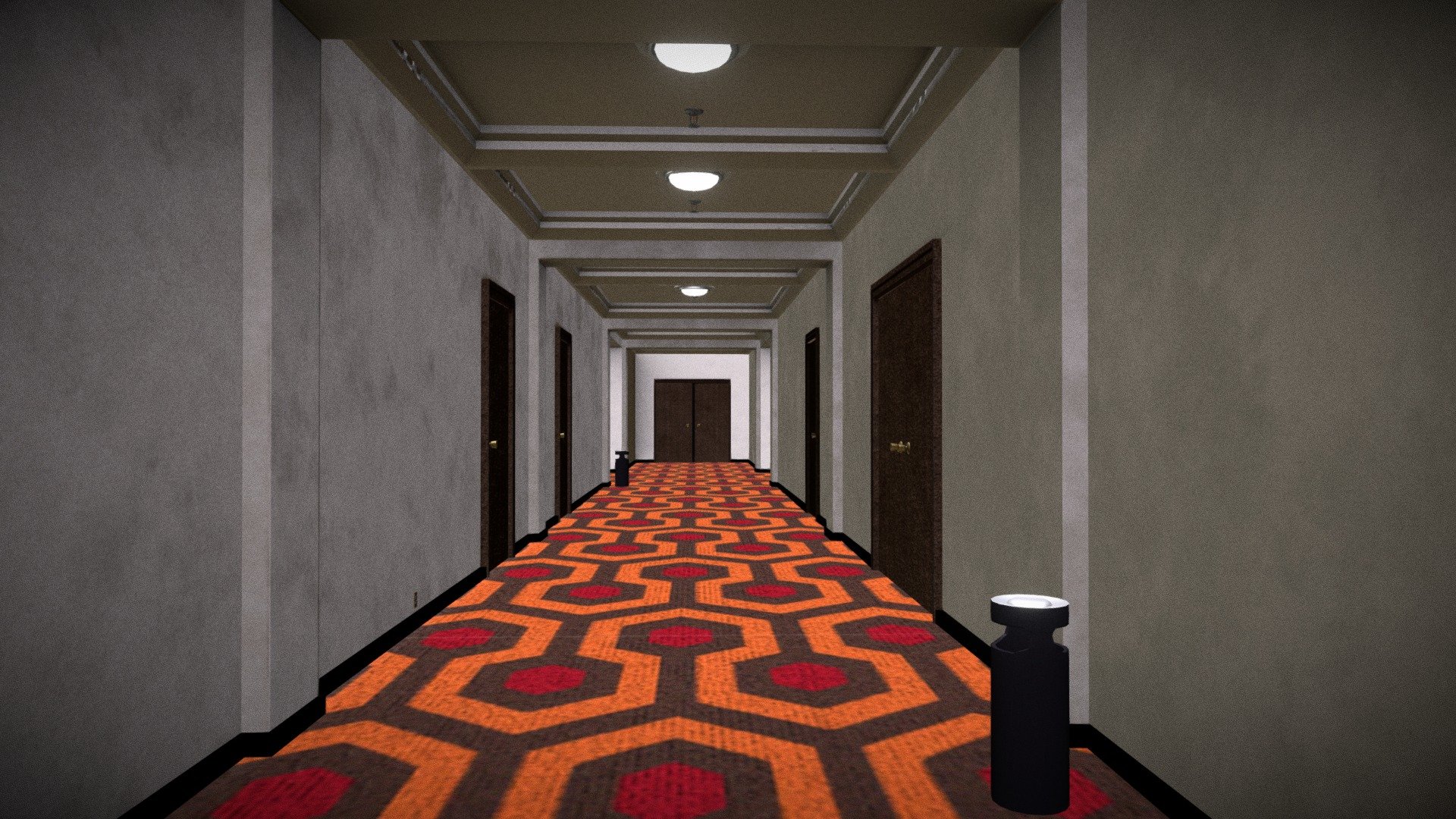 The famous Overlook Hotel Corridor from the Movie The Shinning (1980)  I made it for a 3D Modelling Challenge it is ready for a game engine even I use it for unreal it has 10364 verts 7569 polys and 14890 tris in total and the textures are 2048 x 2048 and each Asset includes Diffuse, Metallic, Normal and Roughness and the map includes Emissive an d the floor doesn't have Metallic or Roughness and the file formats are MB, FBX and OBJ if you need game assets or STL files I can do commission works 3d model