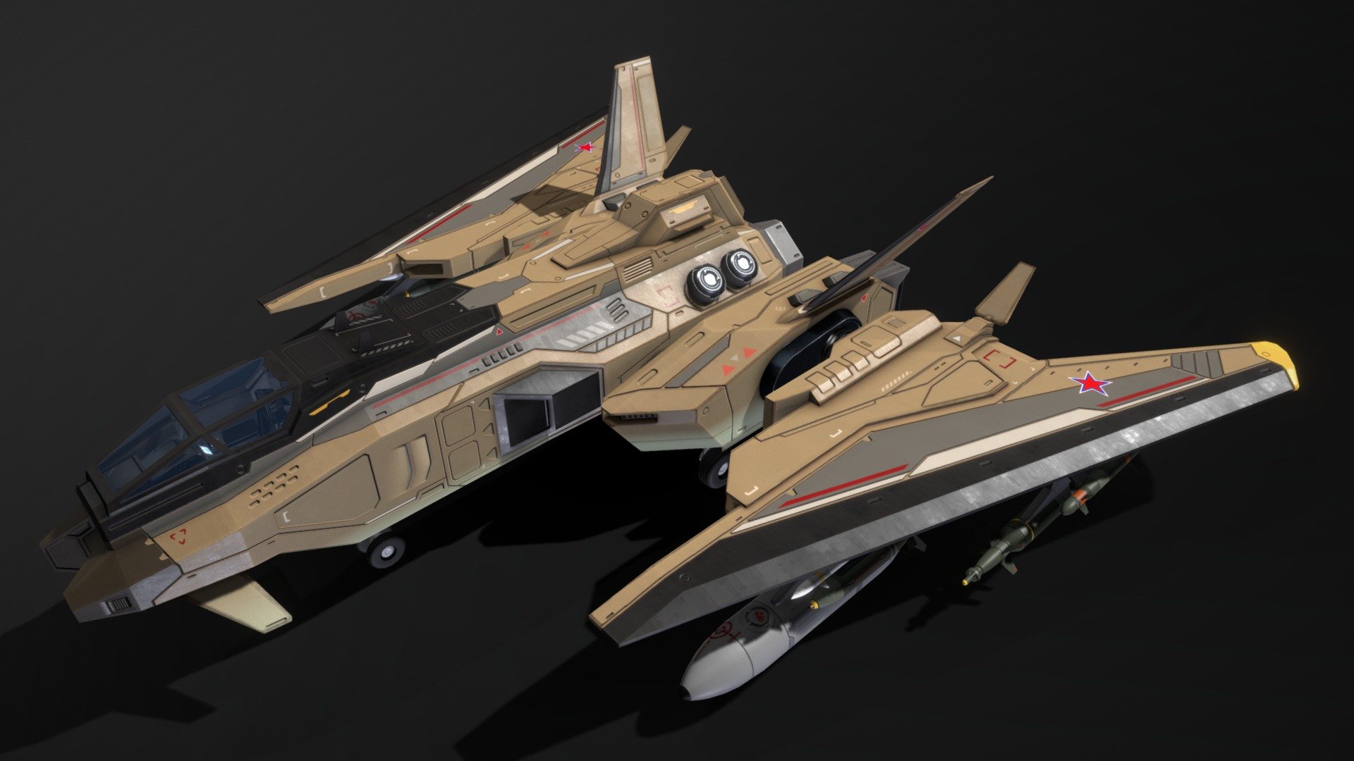 This is a model of a low-poly and game-ready scifi fighter. 

Equipment: 4 missiles, 2 bombs, fuel tank, 3 barrels, minigun, railgun, missile pod. The weapons are separate meshes and can be attached to the fighter.

Features: retractable landing gear, optional wheel or skid landing gear, movable aileron, elevator, rudder, modular cockpit parts, 3 pre-assembled cockpits, cockpits can be changed, cockpit canopy can be opened, transparent and opaque cockpit canopy, 33 decals: national enblems and labels

The model comes with several differently colored texture sets. The PSD file with intact layers is included.

Please note: The textures in the Sketchfab viewer have a reduced resolution to improve Sketchfab loading speed.

If you have bought this model please make sure to download the “additional file”.  It contains FBX and OBJ meshes, full resolution textures and the source PSDs with intact layers. The meshes are separate and can be animated (e.g. firing animations for gun barrels, etc) 3d model