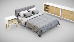 Upholstered Bed modern, wooden, style, bed, bedside, bedroom, dresser, set, pillow, furniture, gray, fabric, comfort, upholstered, bedsheet, architecture, blender3d, design, interior