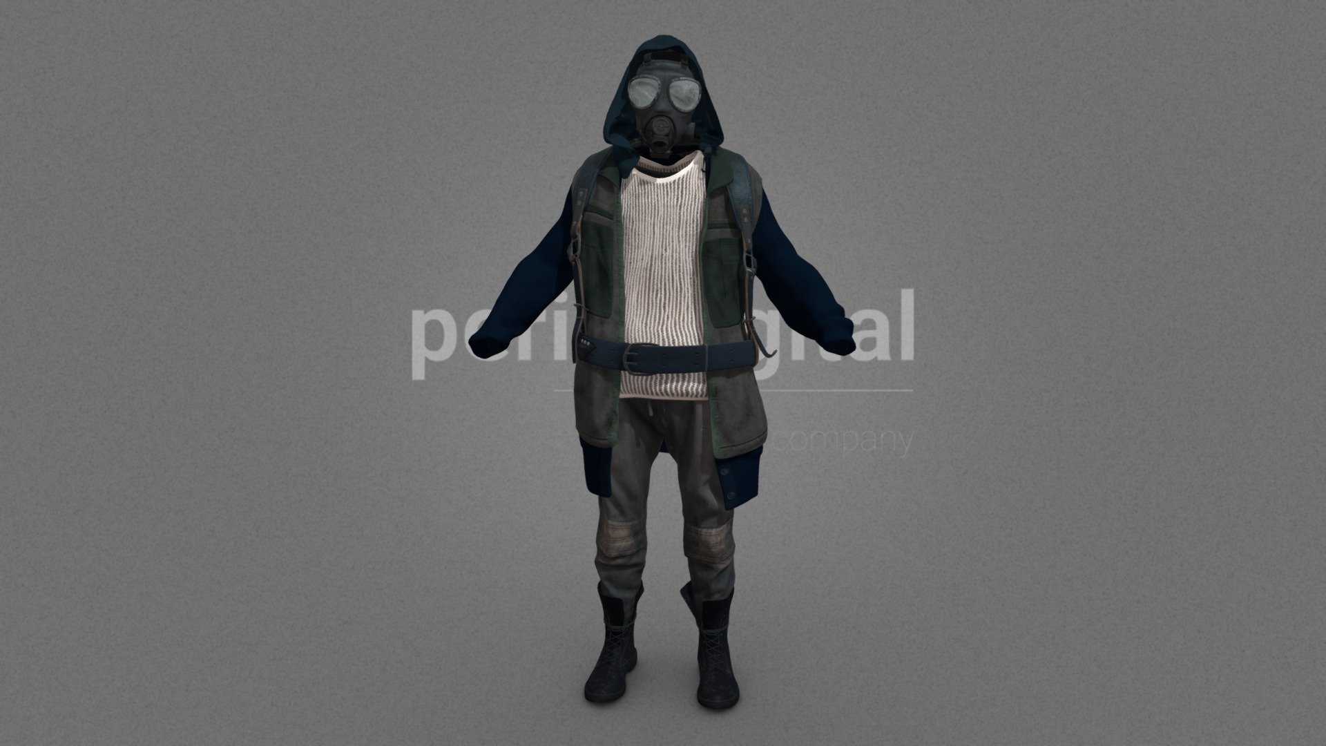 Gas mask, blue hooded jacket, harness with belt, white mesh T-shirt, pants with knee pads, military boots with laces




They are optimized for use in 3D scenes of high polygonalization and optimized for rendering.

We do not include characters, but they are positioned for you to include and adjust your own character.

They have a model LOW (_LODRIG) inside the Blender file (included in the AdditionalFiles), which you can use for vertex weighting or cloth simulation and thus, make the transfer of vertices or property masks from the LOW to the HIGH** model.

We have included the texture maps in high resolution, as well as the Displacement maps, so you can make extreme point of view with your 3D cameras, as well as the Blender file so you can edit any aspect of the set. 

Enjoy it.

Web: https://peris.digital/ - Wasteland Series - Model 01 - 3D model by Peris Digital (@perisdigital) 3d model