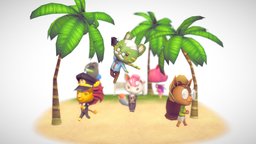 Its Beeeach Day! tree, cute, chibi, chick, videogame, cartoony, pilot, cats, squirrel, diorama, beach, airline, coconut, kitten, relax, dogs, stewardess, lowpoly, gameart, stylized