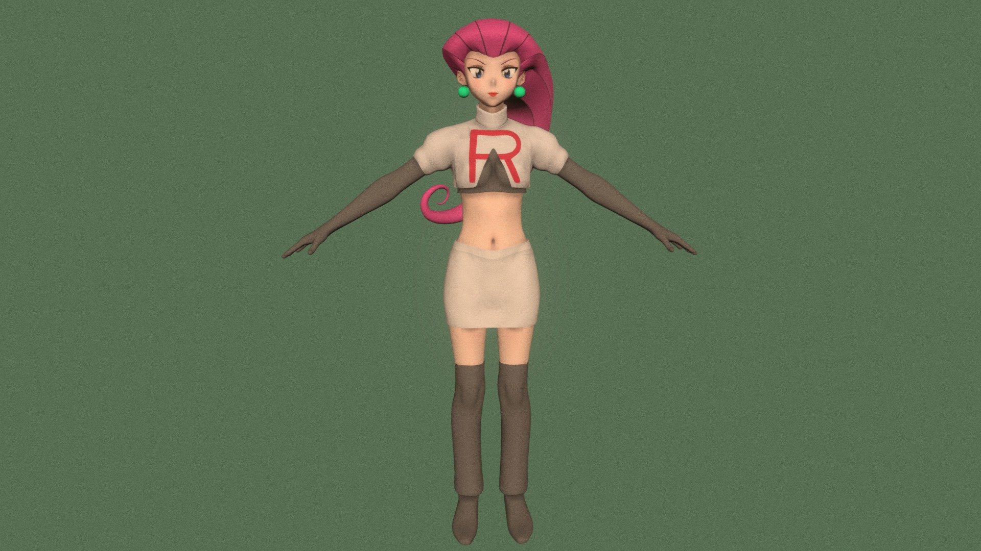T-pose rigged model of anime girl Jessie (Pokemon).

Body and clothings are rigged and skinned by 3ds Max CAT system.

Eye direction and facial animation controlled by Morpher modifier / Shape Keys / Blendshape.

This product include .FBX (ver. 7200) and .MAX (ver. 2010) files.

3ds Max version is turbosmoothed to give a high quality render (as you can see here).

Original main body mesh have ~7.000 polys.

This 3D model may need some tweaking to adapt the rig system to games engine and other platforms.

I support convert model to various file formats (the rig data will be lost in this process): 3DS; AI; ASE; DAE; DWF; DWG; DXF; FLT; HTR; IGS; M3G; MQO; OBJ; SAT; STL; W3D; WRL; X.

You can buy all of my models in one pack to save cost: https://sketchfab.com/3d-models/all-of-my-anime-girls-c5a56156994e4193b9e8fa21a3b8360b

And I can make commission models.

If you have any questions, please leave a comment or contact me via my email 3d.eden.project@gmail.com 3d model