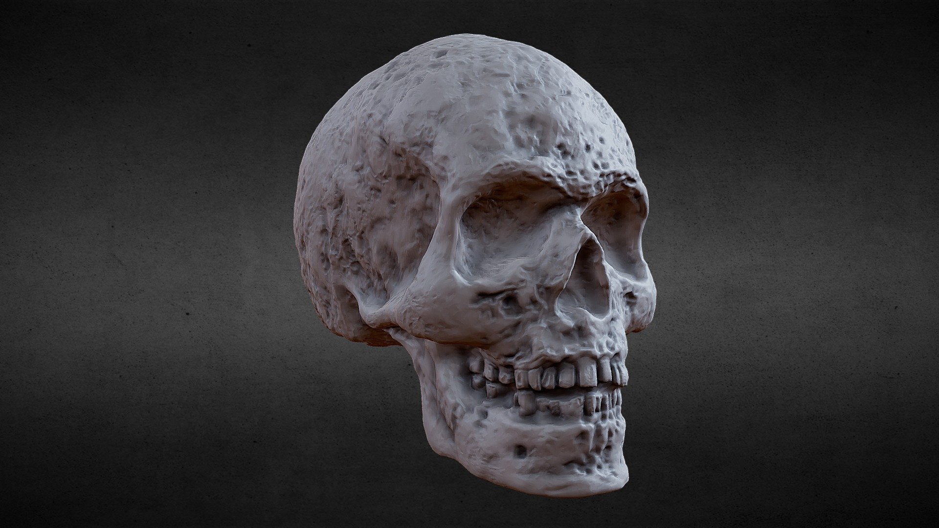 This 3D printable skull model is mainly meant to be used as an accesory for small scale prints for 7 inch figures like NECA´s or McFarlane Toys, but the surface detail is high frecuenccy so also can be used for bigger prints. The detail is deep for easy painting with dark wash and dry brushing techniques.

A skull for a 7 inch figure must be 2cm tall.

Watertight 3d model ready for 3d printing. 
No hollowed. 
No supports provided. 
1 piece.

One continuous piece. 
STL and OBJ 3D models 3d model
