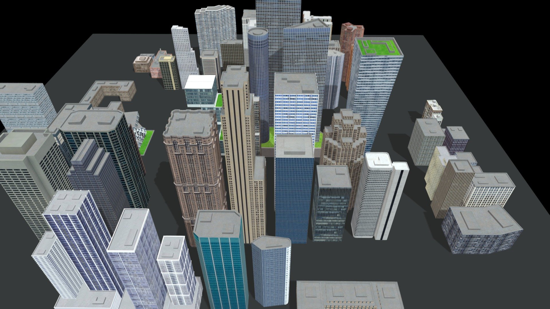 Low poly downtown city district consisting of 50 unique models, suitable for game engines, renders, and animations. Each of the 50 models includes a 2048x2048px or 1024x1024px texture. Buildings include office, residential, heritage, abandoned, and factory 3d model