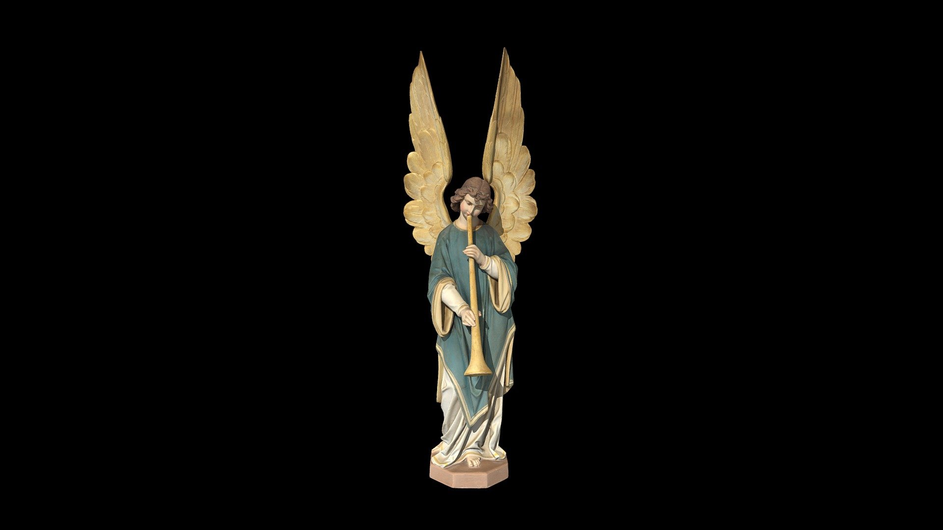 Wooden angel sculpture by the Hackner Religious Art Company, La Crosse, Wisconsin. Originally installed in the St. Joseph Cathedral in La Crosse. Removed in 1957(?) prior to demolition. Currrently in the collections of the Cathedral of St Joseph the Workman in La Crosse.

Created from 479 photographs (Canon EOS T8i) using Metashape 1.8.4 3d model