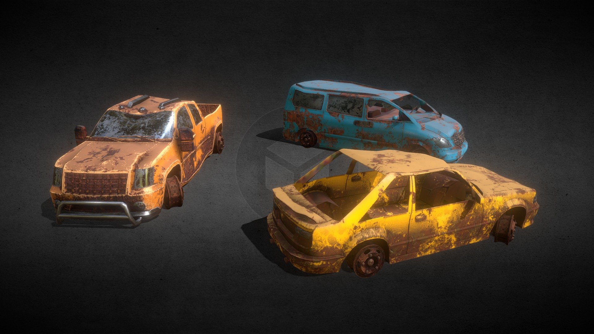 Post-apocalyptic collection of abandoned vehicles consisting of a car, van and truck. Game ready and optimized for UE5 or Unity.

Base color, roughness, metallic, ambient occlusion and normal maps - Abandoned Post-Apocalyptic Vehicle Pack - Buy Royalty Free 3D model by Anthony Pilcher (@AnthonyPilcher) 3d model