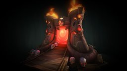 Gatekeeper portal, tiki, fire, skull, wood, magic
