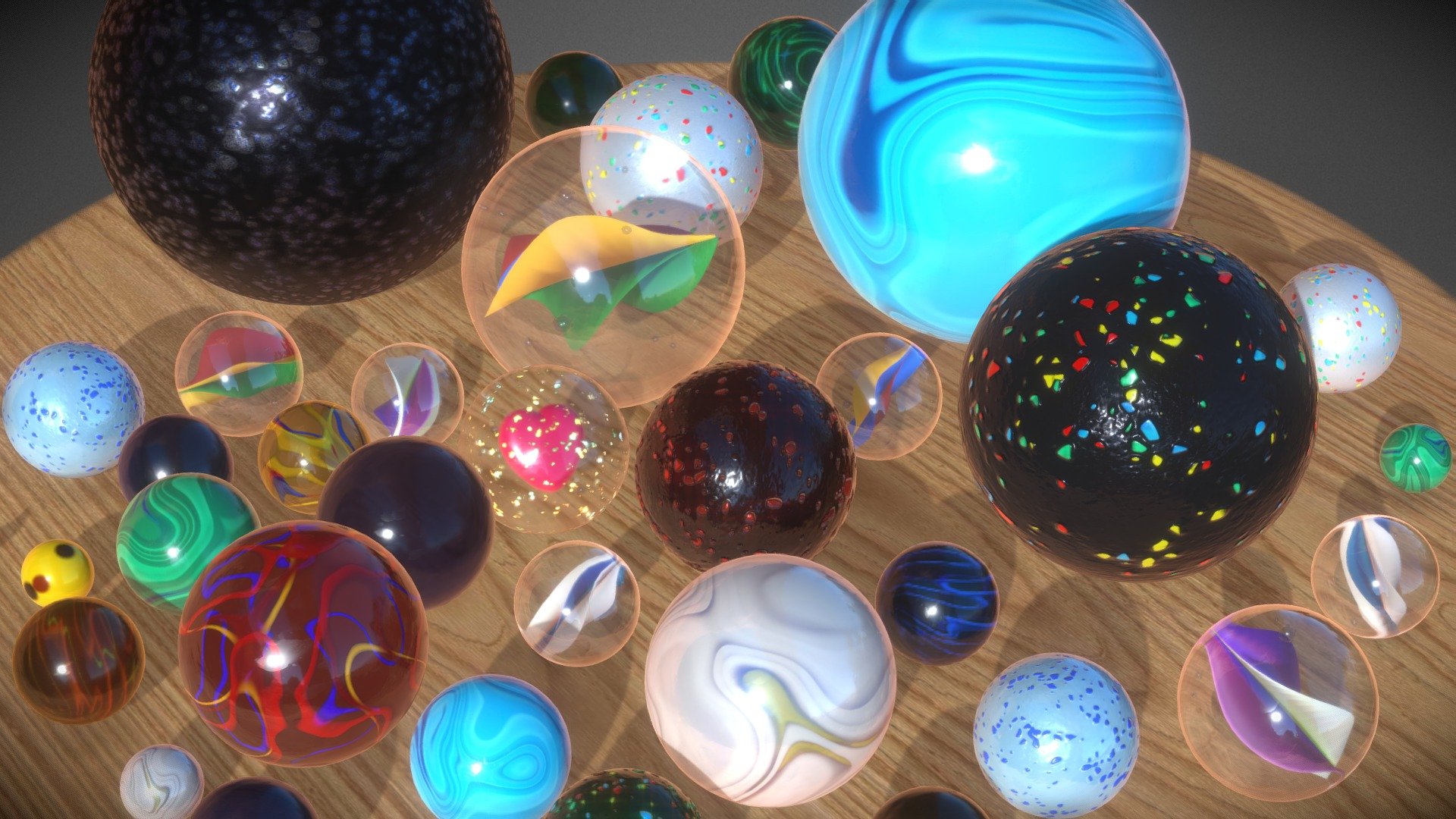 The other day I found a lonely marble on a street ground.
As a kid, I used to enjoy playing with marbles and I was amazed by how they could come in so many different colors and patterns.
Feeling nostalgic, I decided to create a mini scene of marbles and play around with various Sketchfab refraction, coating and shader effects.

This 3D scene is also a tribute to the marvelous classic video game: &ldquo;Marble Madness&ldquo; - Marbles Craziness - Buy Royalty Free 3D model by Thomas Veyrat (@veyratom) 3d model